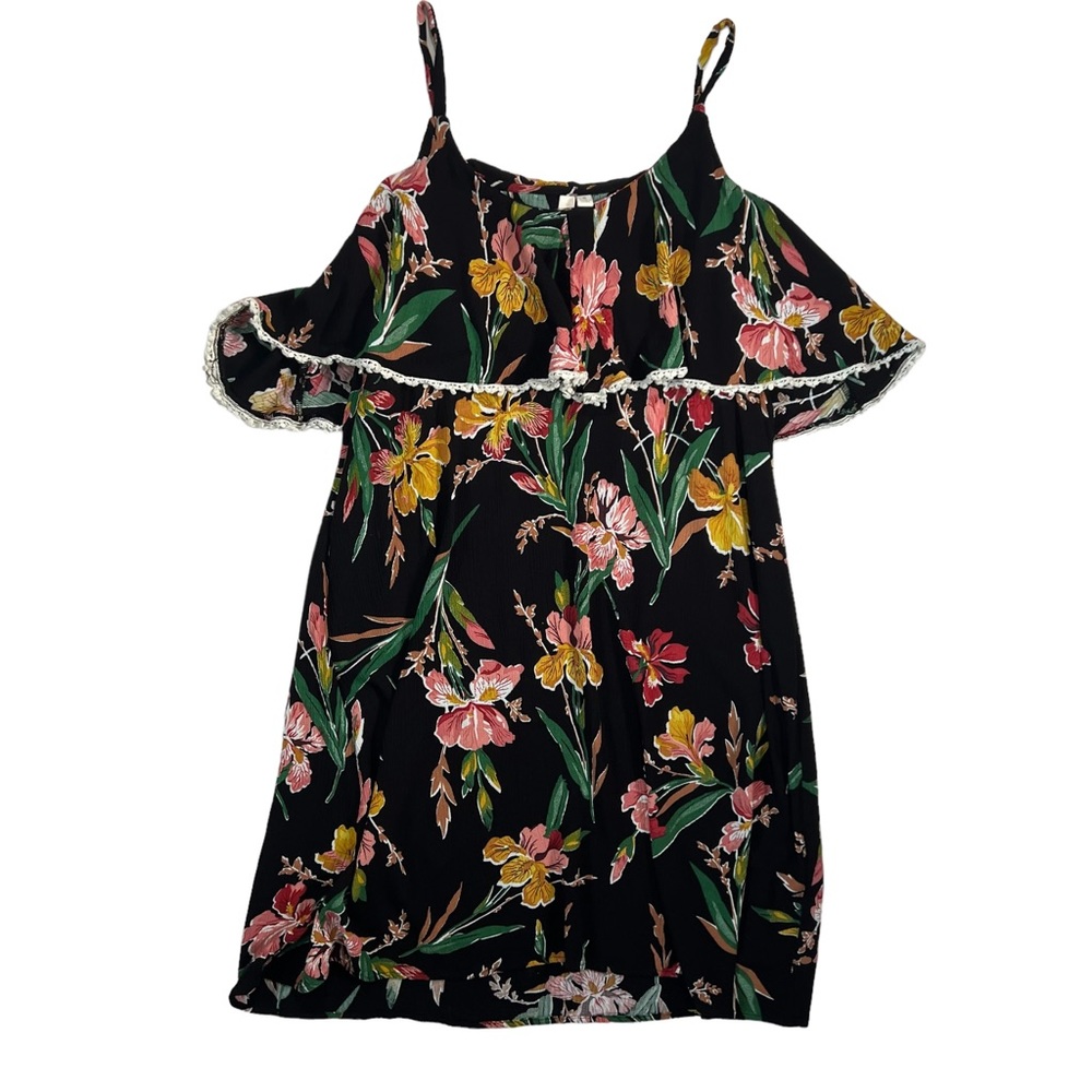 Sun n Moon Strapped Popover Black Whimsical Floral Lace Textured Pullover Dress